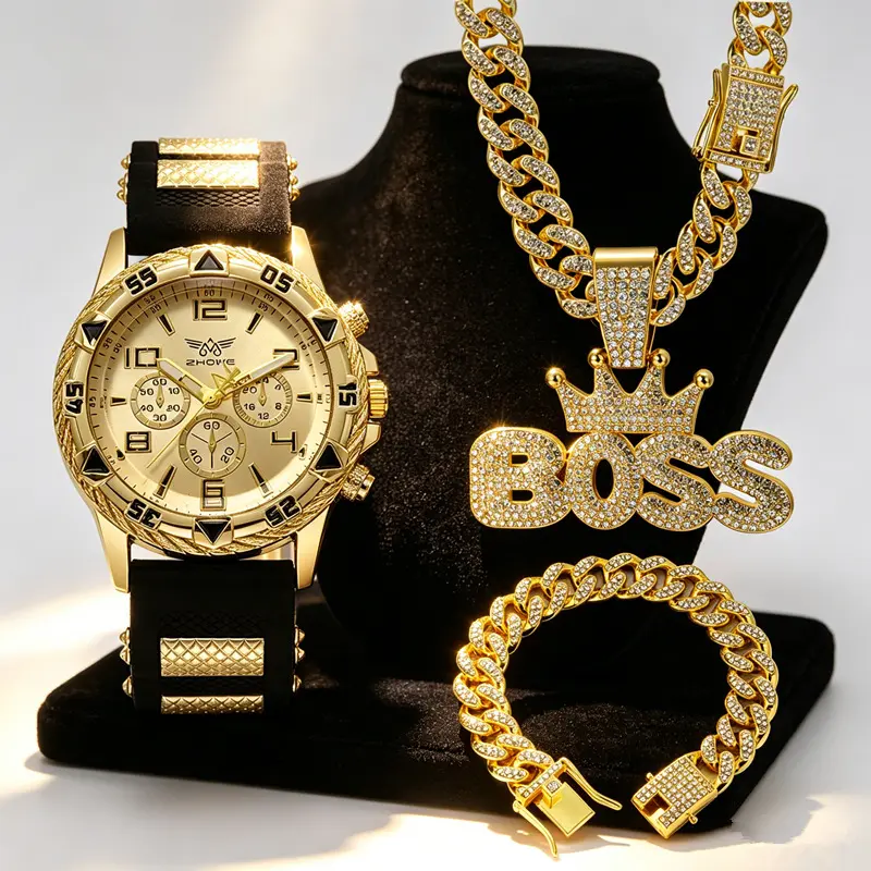 4pcs/set Men's Luxury Watch, Necklace, Bracelet Pendant Set, Rhinestone Watch Cuban Chain Necklace Boss Pendant and Bracelet. Stylish Men's Accessory, Exquisite Set Ideal Gift for Male Man