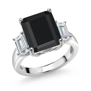6.91 Cttw Black Onyx and White Moissanite 3-Stone Engagement Ring For Women | 925 Sterling Silver | Emerald Cut 12X10MM and 6X4MM | Three Stone Wedding Anniversary Promise Ring
