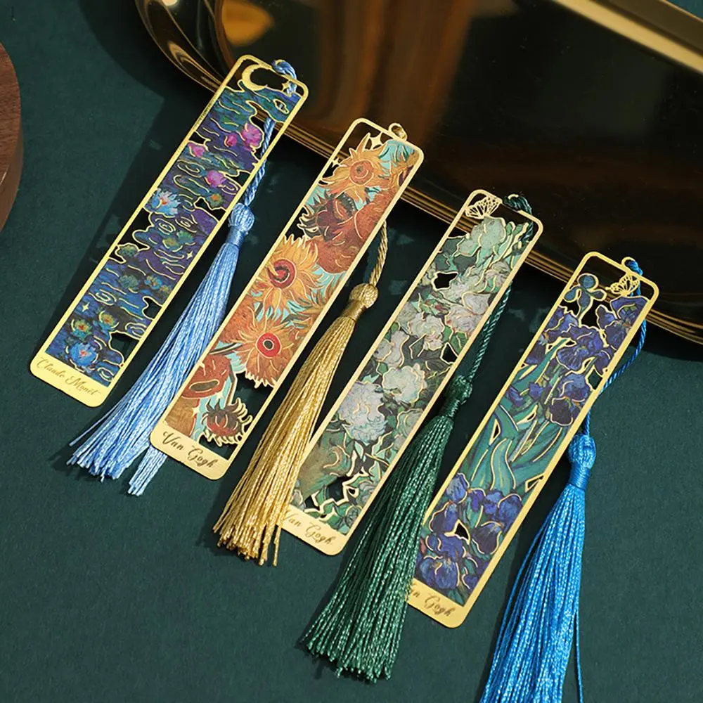 Flower Pattern Vintage Bookmark, 4 Counts/set Metal Bookmark with Tassel, Book Page Marker, Reading Bookmark, Office Stationery & Supplies