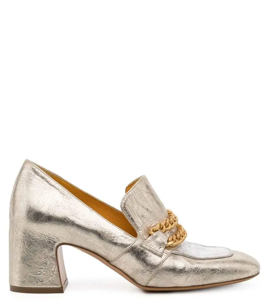 Madison Maison Gold/Silver Leather Mid Heel Loafer W/Chain