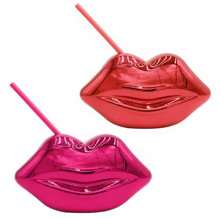 2-Pack 20oz BPA-Free Lip-Shaped Disco Tumbler Cups (500-1,000 ml Capacity), Lightweight Washable Plastic Drinkware with Lids & Straws, Portable for Parties, Valentine Events