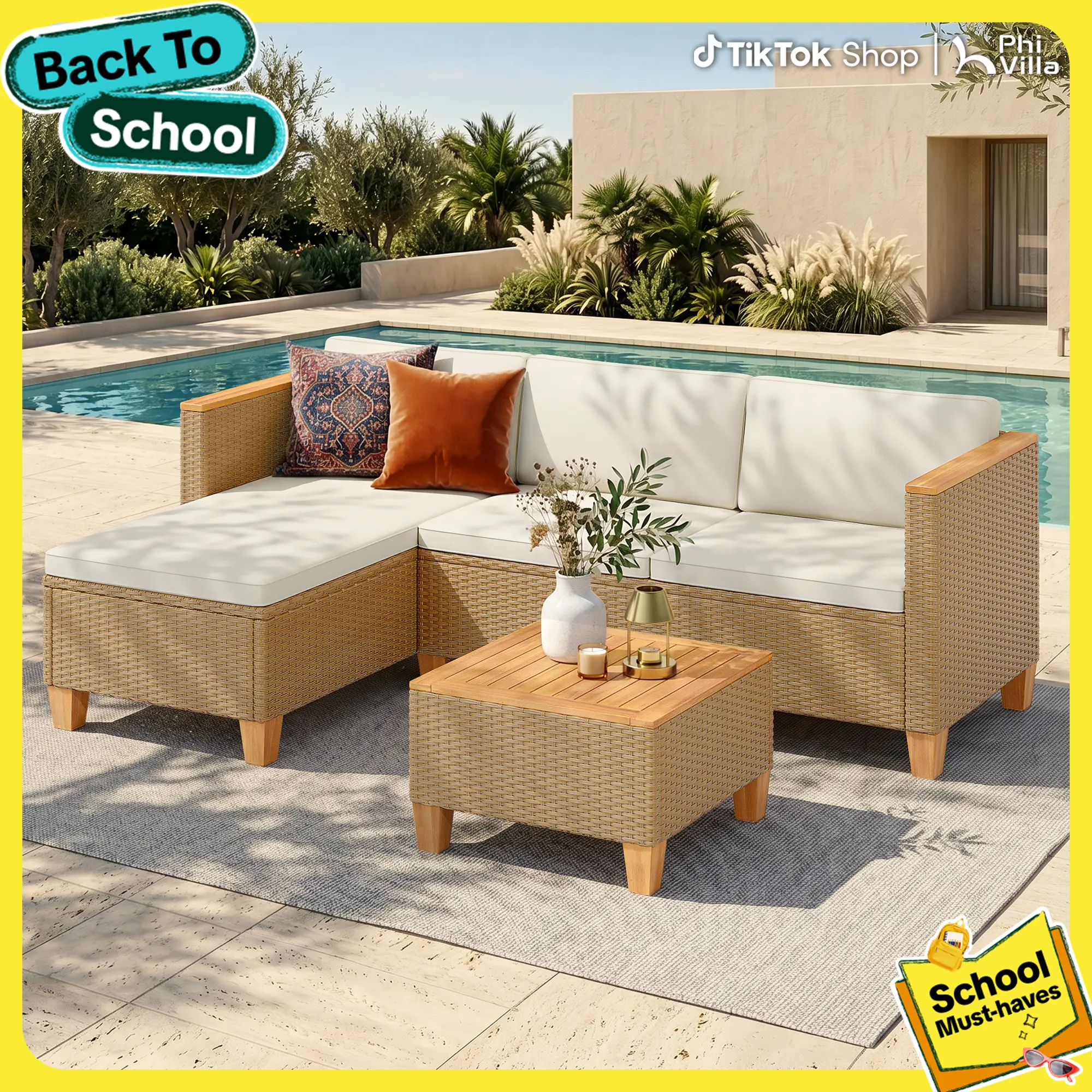 PHIVILLA 3 Seats Outdoor Patio Rattan Furniture Sofa Set with Acacia Wood Coffee Table, Thick Cushions Sofa Set for Balcony, Porch & Patio, Home Decor, TikTokShopBackToSchool