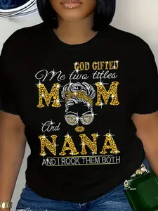 Women'S Black "Mom & Nana" Graphic T-Shirt - Soft Crew Neck, Short Sleeve, Breathable Casual Wear with Vibrant Lettering & Illustrations - Perfect for Spring, Summer & Everyday Occasions, Ladies T Shirts