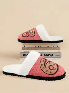 Warm Plush-Lined Men's Comfort House Slippers - Pink Cartoon Cookie "67" Design Indoor Slippers