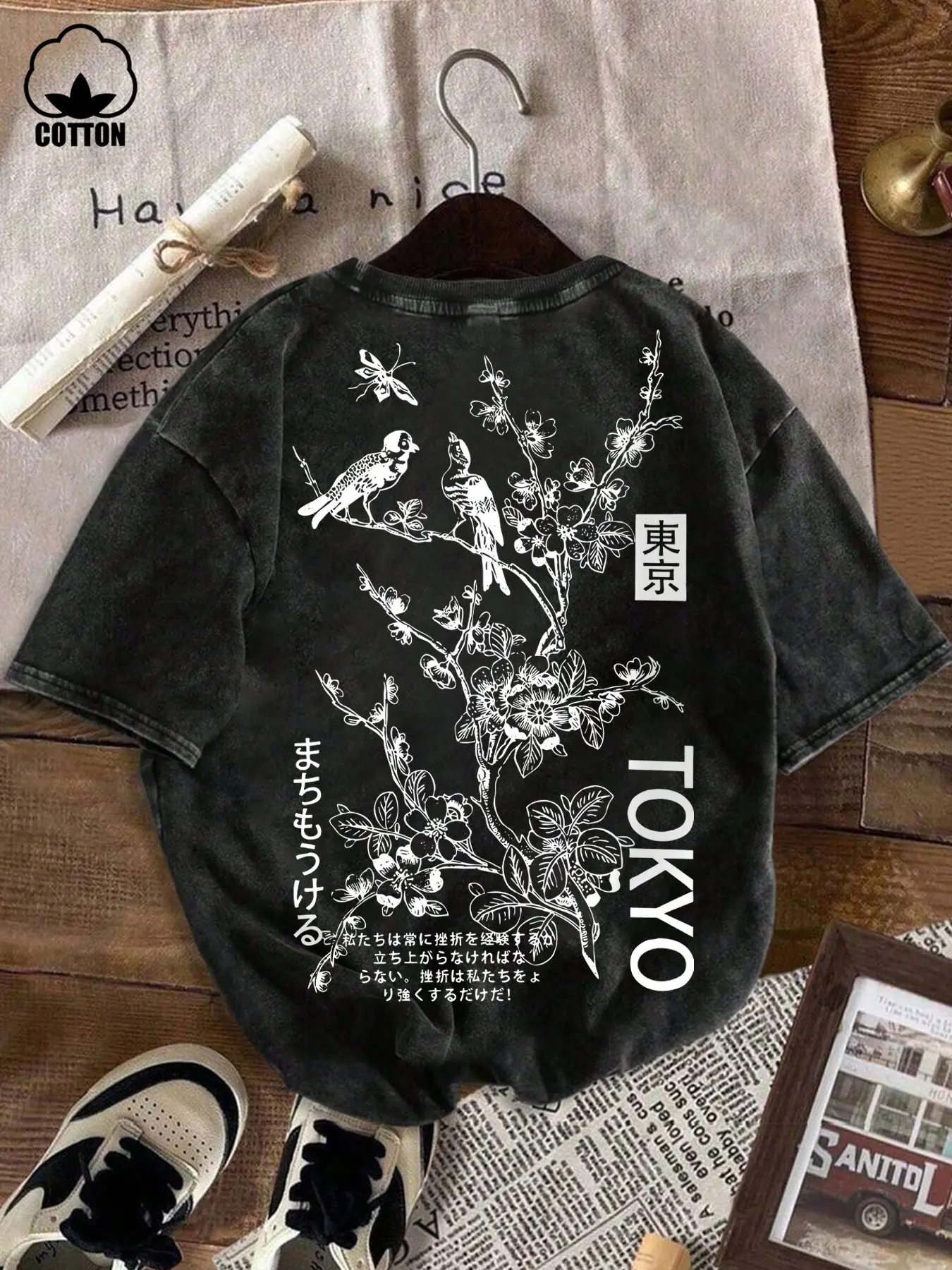 2026 Trendy Tokyo Japanese Slogan Tee, Vintage Washed Floral Graphic Print Cotton Top, Round Neck, Loose Fit Back Design, Ideal for Casual & Streetwear, Casual Summer Clothing