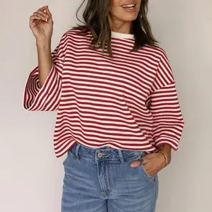 New Red Stripe Bowknot Cutout Back Drop Shoulder Wide Bracelet Sleeve Loose Tee