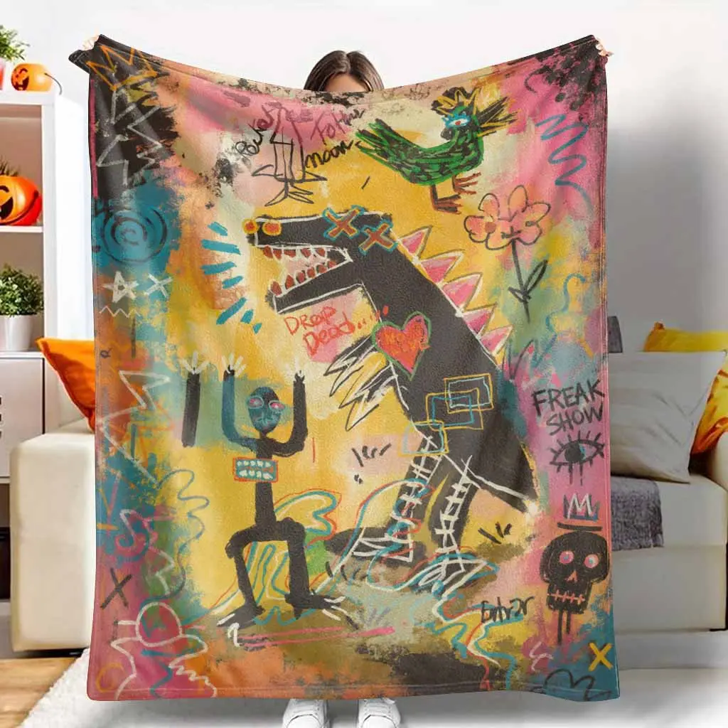 Abstract Graffiti Dinosaur Flannel Blanket - Graffiti Art, Bold Prints, Flannel Fabric, Fuzzy Texture, Ultra Soft, Cozy, Lightweight, Warm Throw for Home & Travel, Sofa, Bed Decor Gift, Indoor Use
