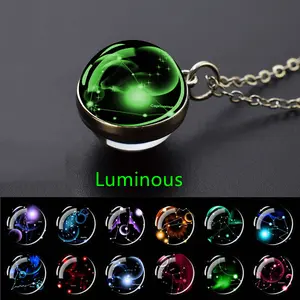 Glow in The Dark Zodiac Necklace for Men - Galaxy Pendant with Constellation Charm, Zinc Alloy Adjustable Chain