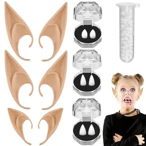 Vampire Teeth Fangs Elf Ears, 3 Pairs of Fake Teeth Props and Fairy Ears Cosplay Accessories Dress Up Costumes for Halloween Masquerade Party
