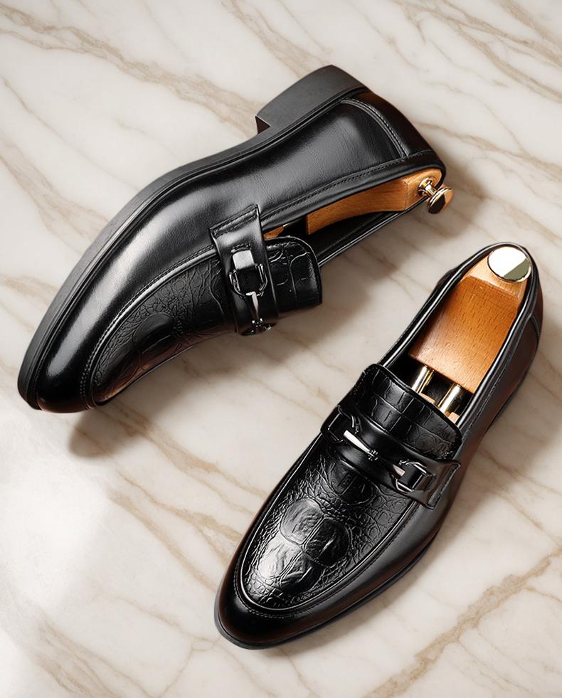 Men's Black Croc-Embossed Buckle Strap Loafers, Formal Slip-On Leather Shoes86392
