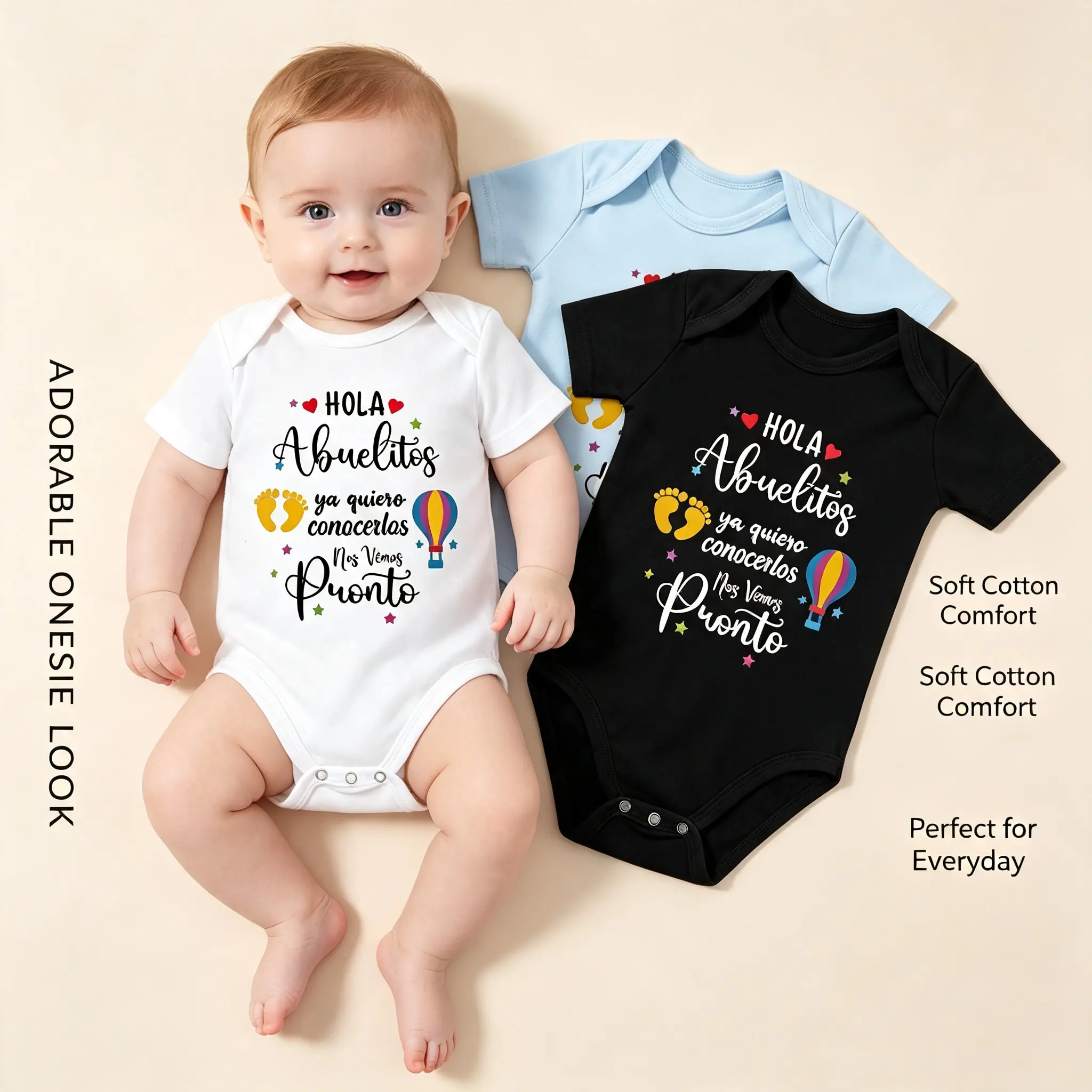 Newborn Baby Cotton casual Short-Sleeve Romper Onesie - Hello Grandma Grandpa Print, Hot Air Balloon & Footprint Design - Grandparent Announcement Gift, Summer Outdoor Baby Shower Outfit (Boys' Jumpsuit Top)