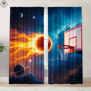 2 Piece Basketball Print Curtains, Half-Transparent Privacy Curtains with Rod Pocket Design, Easy to Hang, Home Decor for Bedroom Living Room Kitchen Closet Study