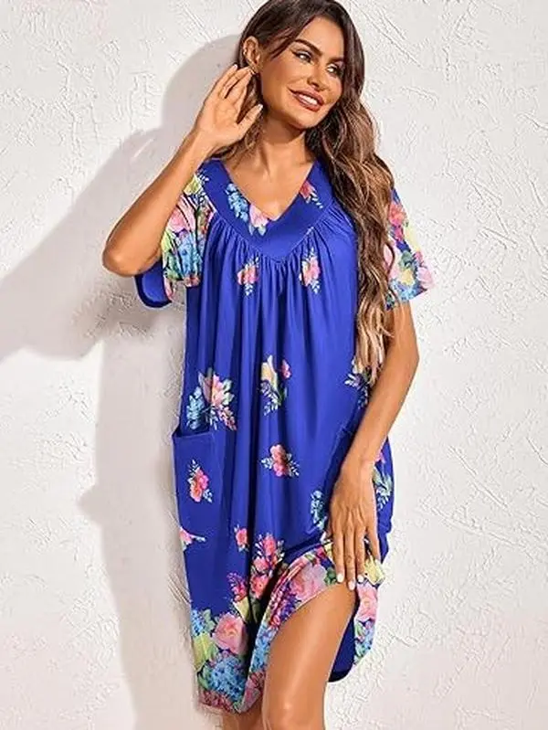 Ekouaer Women's Floral Print Nightgown, Short Sleeve V-Neck Loungewear, Soft Pleated Nightwear with Pockets, Dress