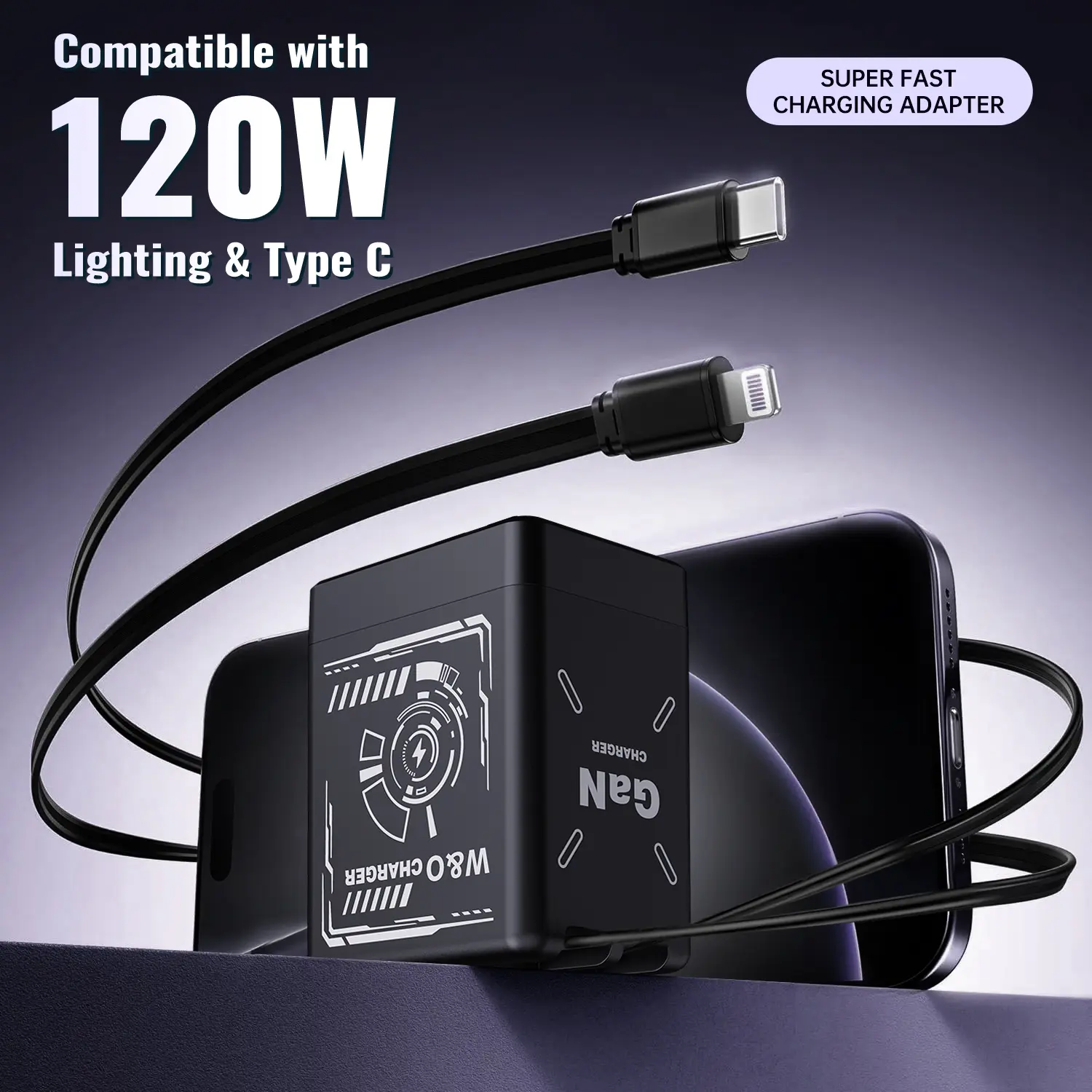 120W Mecha GaN Fast Charger - Black, 2 Retractable Dual Cables (USB-C & Lightning), USB-C Output, Wireless Charging, Portable Power for Smartphone, Cellphone, Mobile, Travel-Friendly Universal Electronic Device Charger