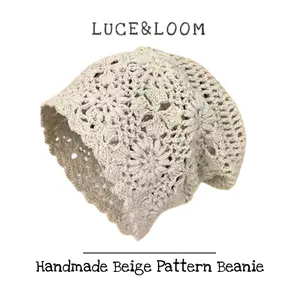 【LUCE&LOOM】Hand Crochet Beige Hollow Out Beanie Breathable Lightweight Face Slim Knit Cap Women Casual Streetwear