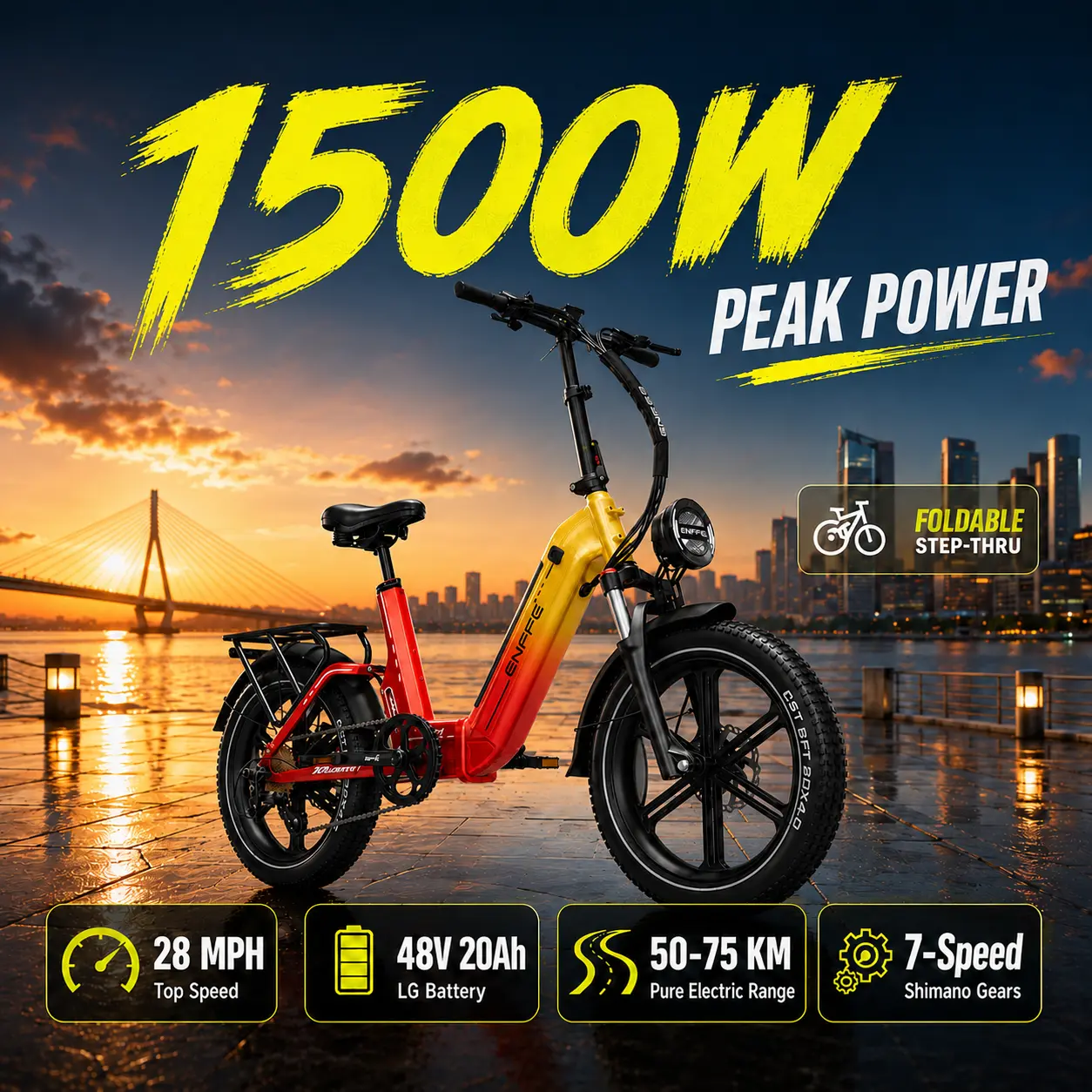 1500W Peak Electric Bike for Adults, Folding Fat Tire E-Bike, 28MPH Top Speed, 48V 20Ah LG Removable Battery, 20"×4.0 All-Terrain Tires, Full Suspension, Shimano 7-Speed, Hydraulic Disc Brakes, NFC LCD Display