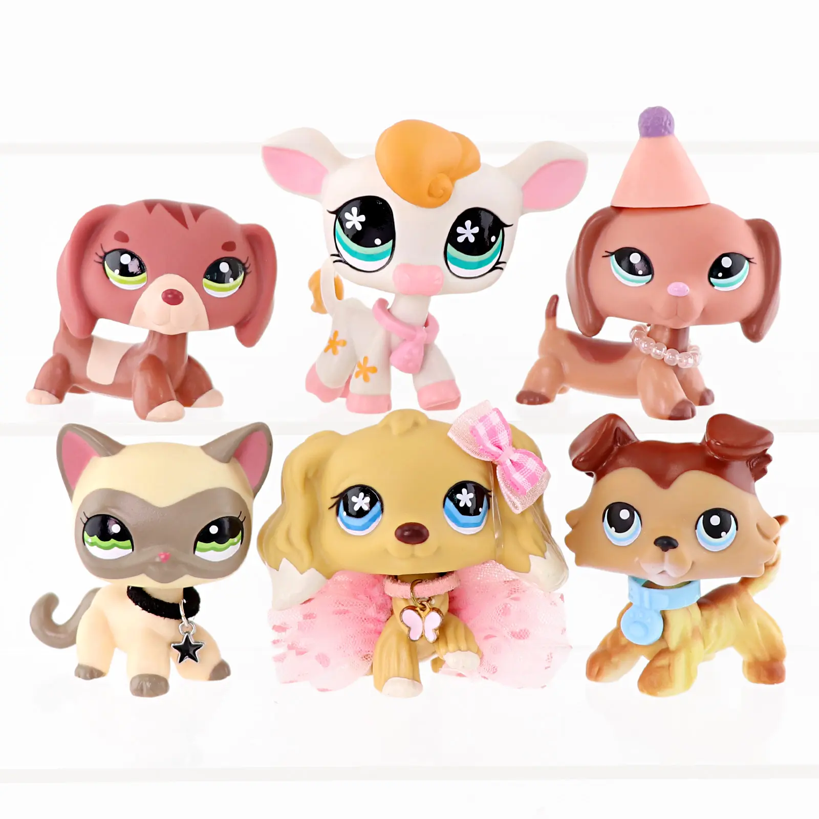 6 Pcs Mini Animal Collectible Figurines, Kawaii Cat Dog Cow Statues with Party Hat Tutu Bow Star Pendant Accessories, Mini Pet Figures for Diorama Desktop Decor & Hobby Collector Gift