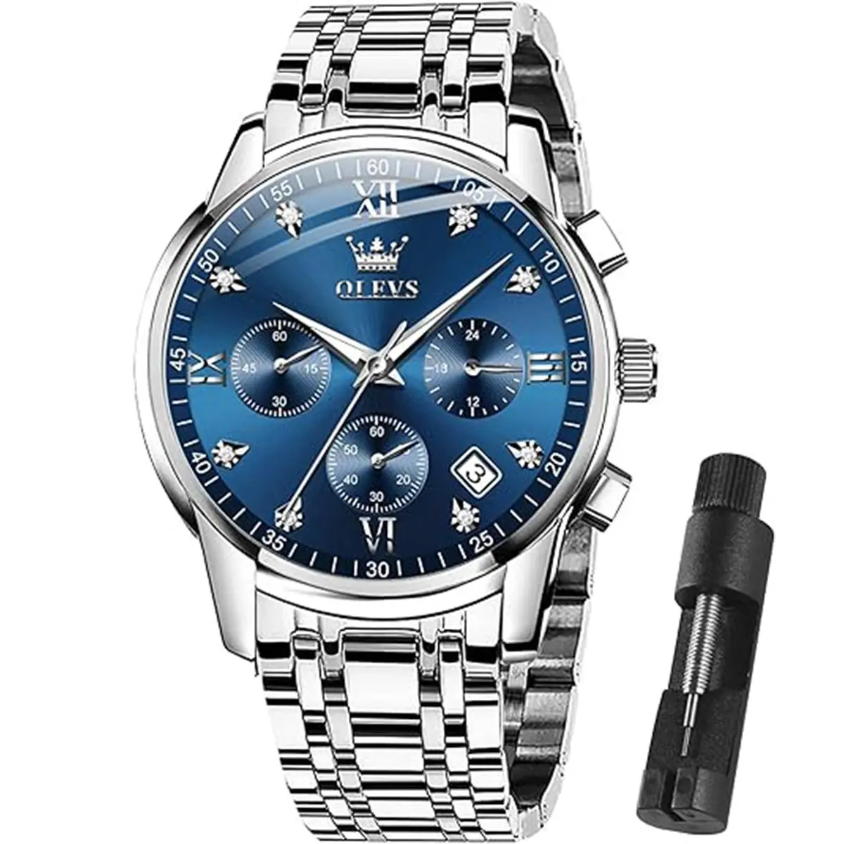 OLEVS Mens Stainless Steel Chronograph Watch, Large Face Gold Silver Black Tone Easy Read Analog Quartz Watch, Luxury Waterproof Date Diamond Roman Arabic Numerals Dial Formal Watch Springtok
