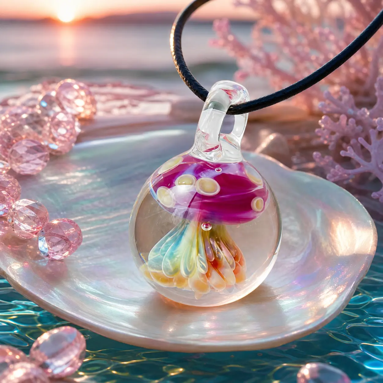 Jellyfish Lampwork Glass Pendant Necklace with Crystals, Hand-Blown Ocean-Inspired Unisex Artisan Jewelry, Gift, Youth, Handmade Craft, Gift Ideas, One Of A Kind