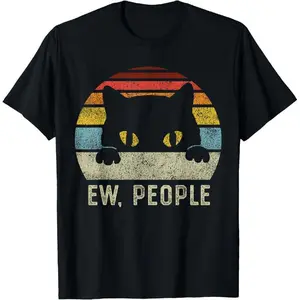 100% Cotton Ew People Retro Cat Funny Vintage Anti Social Introvert T-Shirt