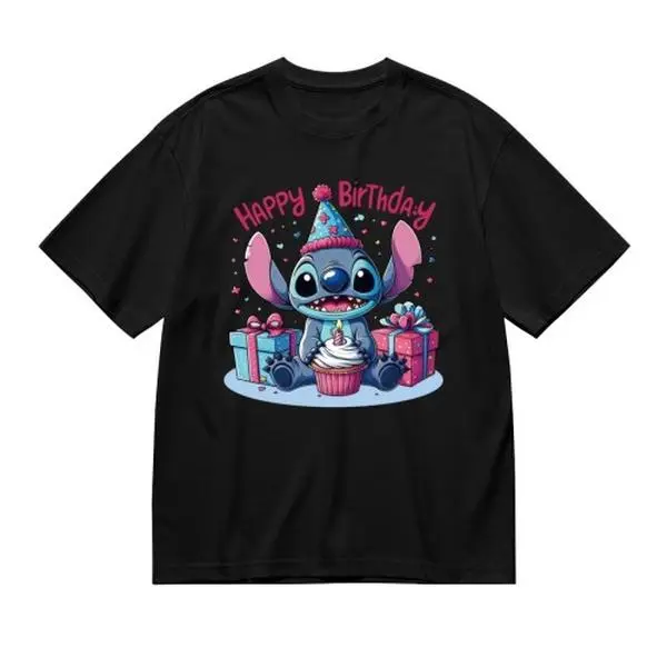 Disney Lilo & Stitch Birthday Collection Short Sleeve Graphic T-Shirt Cute Birthday Party Top for Girls Teens, S, M