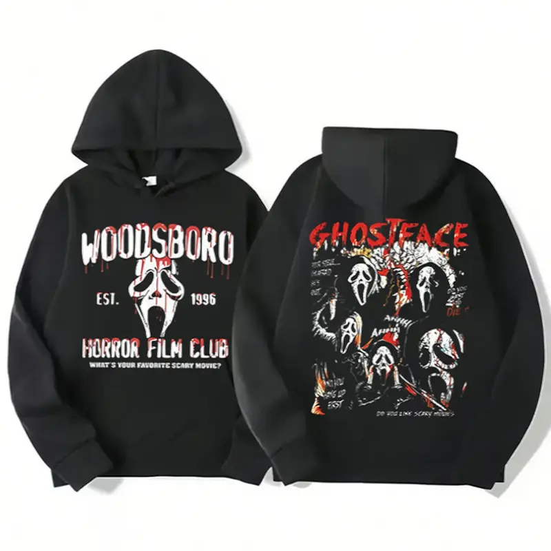 Gh0stface Horror Graphic Pullover Hoodie Sweatshirt Short Sleeve Shirt Unisex Spooky Ghost Character Fan Apparel Streetwear Top for Men Women Youth Adults Spooky Season Casual Daily Outfit Halloween Christmas Holiday Party Attire Ideal Birthday Holiday Pr