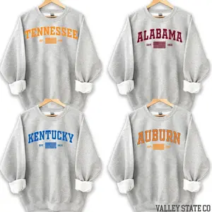 Retro State Pride Sweatshirt – Ash Grey, Custom Your Team, USA EST Inspired Varsity Style Unisex Graphic Shirt for Fans, Game Day Outfit, 4th of July, Menswear & Womenswear