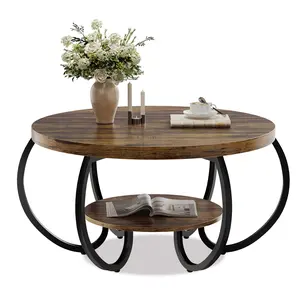 Industrial Coffee Table for Living Room - 30" Round, 2-Tier with Adjustable Feet, Wood Grain Shelf, Easy Assembly - Flame design