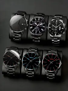 6-piece new men's low-key luxury round quartz watch set - round dial, alloy strap, alloy case, quartz movement, daily wear, comfortable watch, ideal gift for boyfriend or family, casual wear, fashionable watch, classic design