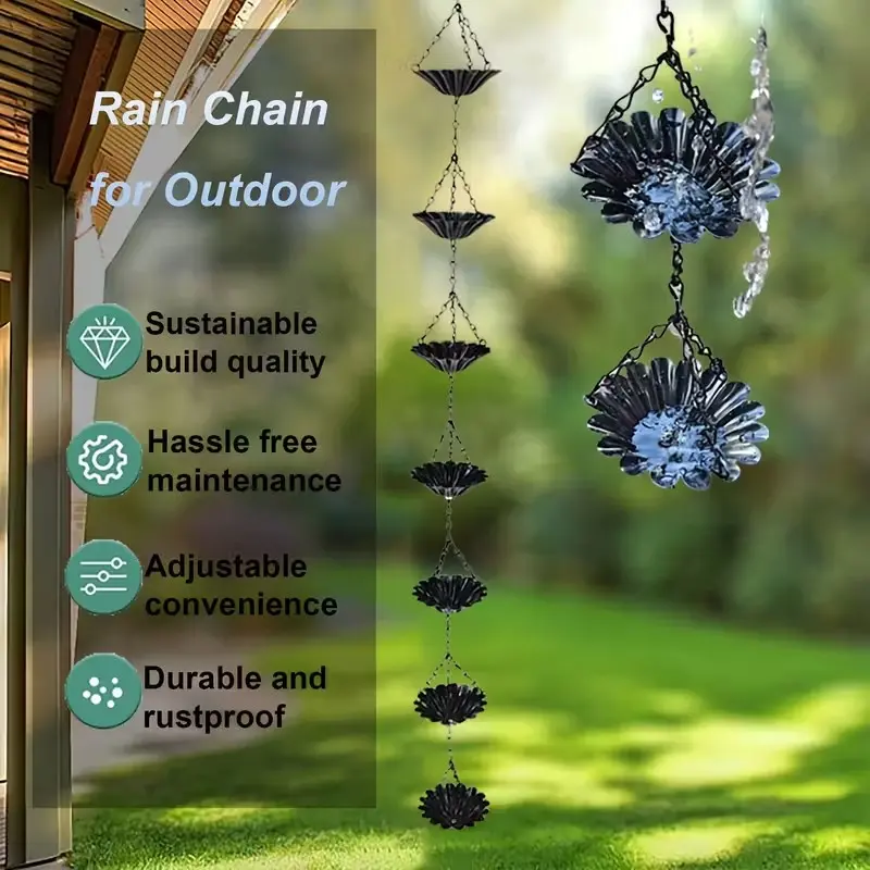 Metal Flower Rain Chain, Outdoor Garden Decoration, Garden Accessories, Hanging Rain Chain, Rainwater Diverter, Collector, No Precious Metal Plating