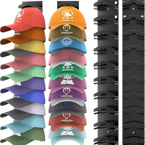 2-Pack Black Hat Organizer with Shelves, Strong Adhesive Hangers, 2 Mounting Options, Detachable Hooks, Holds Up to 20 Caps, Wall Mount Design for Neat Hanging by Door or Closet