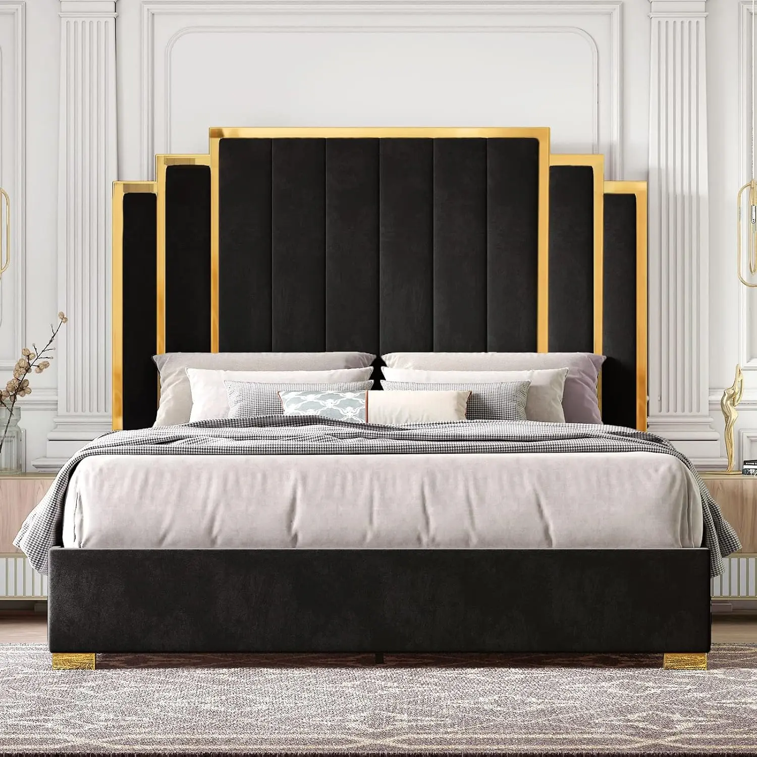 Amerlife [Summerwins] King Size Upholstered Platform Bed Frame - Velvet Headboard with Gold Trim, Durable Wooden Slats, No Box Spring Needed, Unique Indoor Bedroom Furniture, Platform Bed Design, Christmas Gift Idea