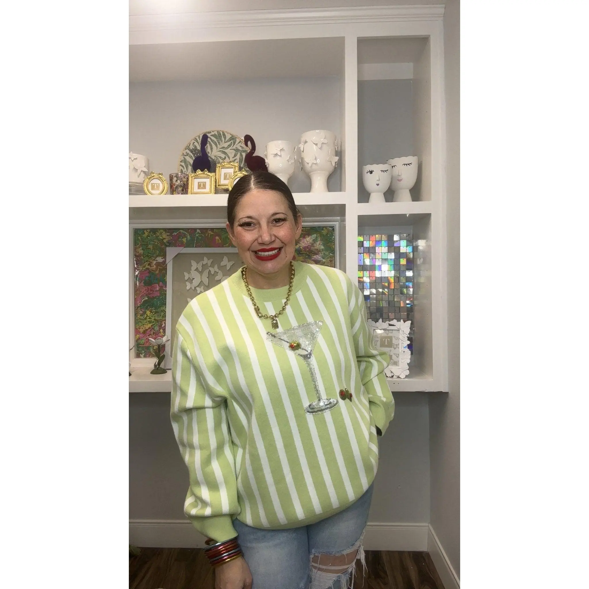 QOS Olive Green & White Stripe Martini Sweater