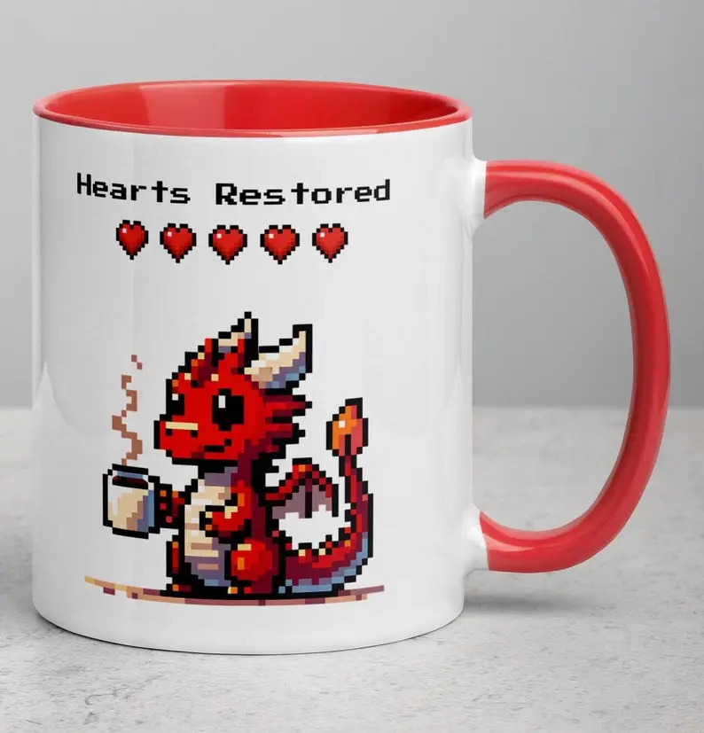 Hearts Restored Pixel Dragon Mug Cute Gamer Coffee Cup Retro 8 Bit Gaming Style Ceramic Mug Gift for RPG Lovers, Gamers, Dragon Fans and Pixel Art Collectors