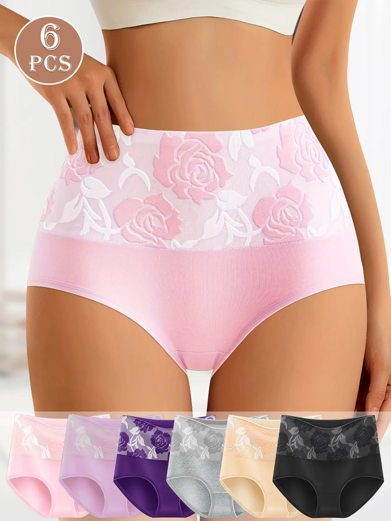 Women’s 6PCS High-Waisted Floral Cotton Brief Panty Set - Soft, Stretchy, Breathable, Feminine Full-Coverage Underwear with Cute Jacquard Waistband, Elastane-Blend, Preppy Fantasy Casual Style for Daily Wear, Comfortable Fit