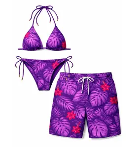 Tropical Leaf Print Matching Swimwear Set – Women’s Bikini & Men’s Swim Shorts – Honeymoon Vacation Beach Outfit in Purple – Summer Gift Idea for Couples