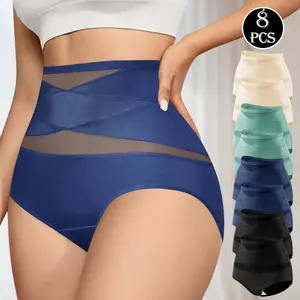 QUASTI Women's 8Pcs High-Waisted High-Cut Crossover Shaping Panties, Elastic, Stretchy, Smooth, Hip Lifting, Breathable, Fits S-XXL for Daily Wear, Back to School Gifts