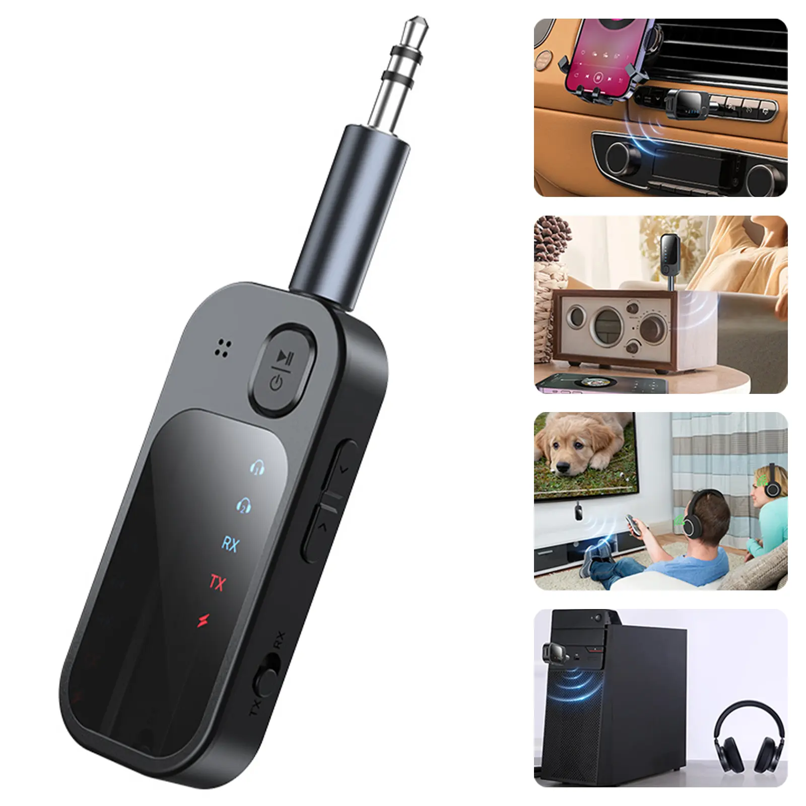 KUST Bluetooth 5.4 Car Adapter Wireless Audio Transmitter Receiver 3.5mm Aux Jack Dual Link for Car Airplane Home Stereo with 12H Battery Life & Dual Pairing