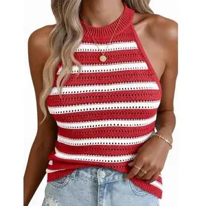 Fisoew Womens Summer Crochet Halter Tops Striped Sleeveless Tank Top Casual Knit Hollow Out Camisole Loose Sweater Vest SummerVibes