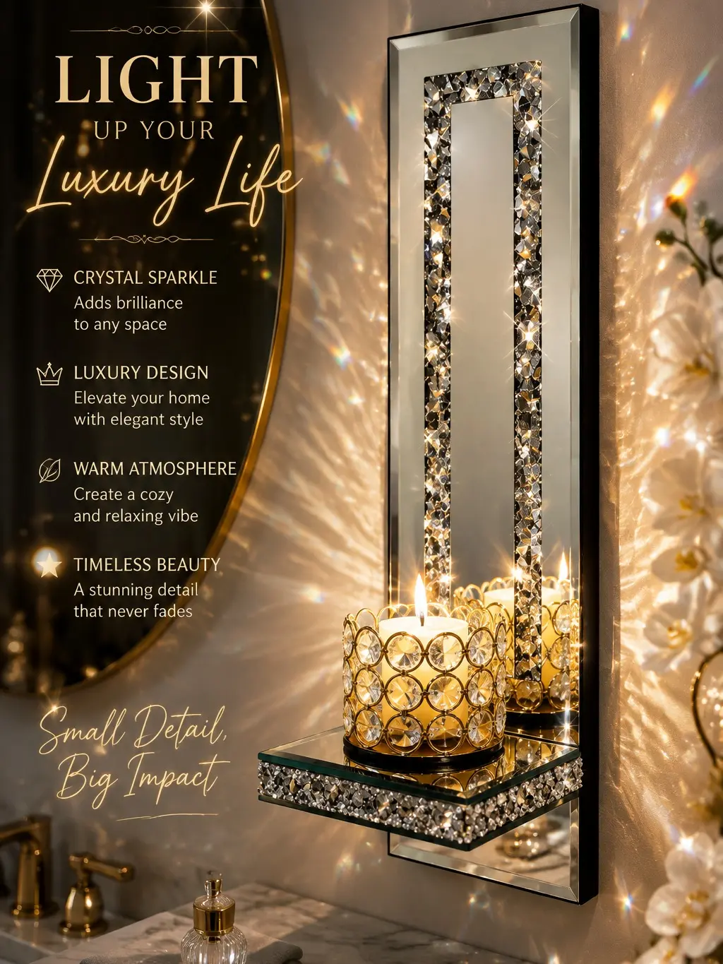 2-Piece Home Decor Shiny Crystal Rectangle Hanging Wall Candle Sconce Set, Modern Exquisite Style Diamond-Edge Mirror-Accent Decor for Living Room, Engagement Occasions, Sparkly Finish Wall Decoration