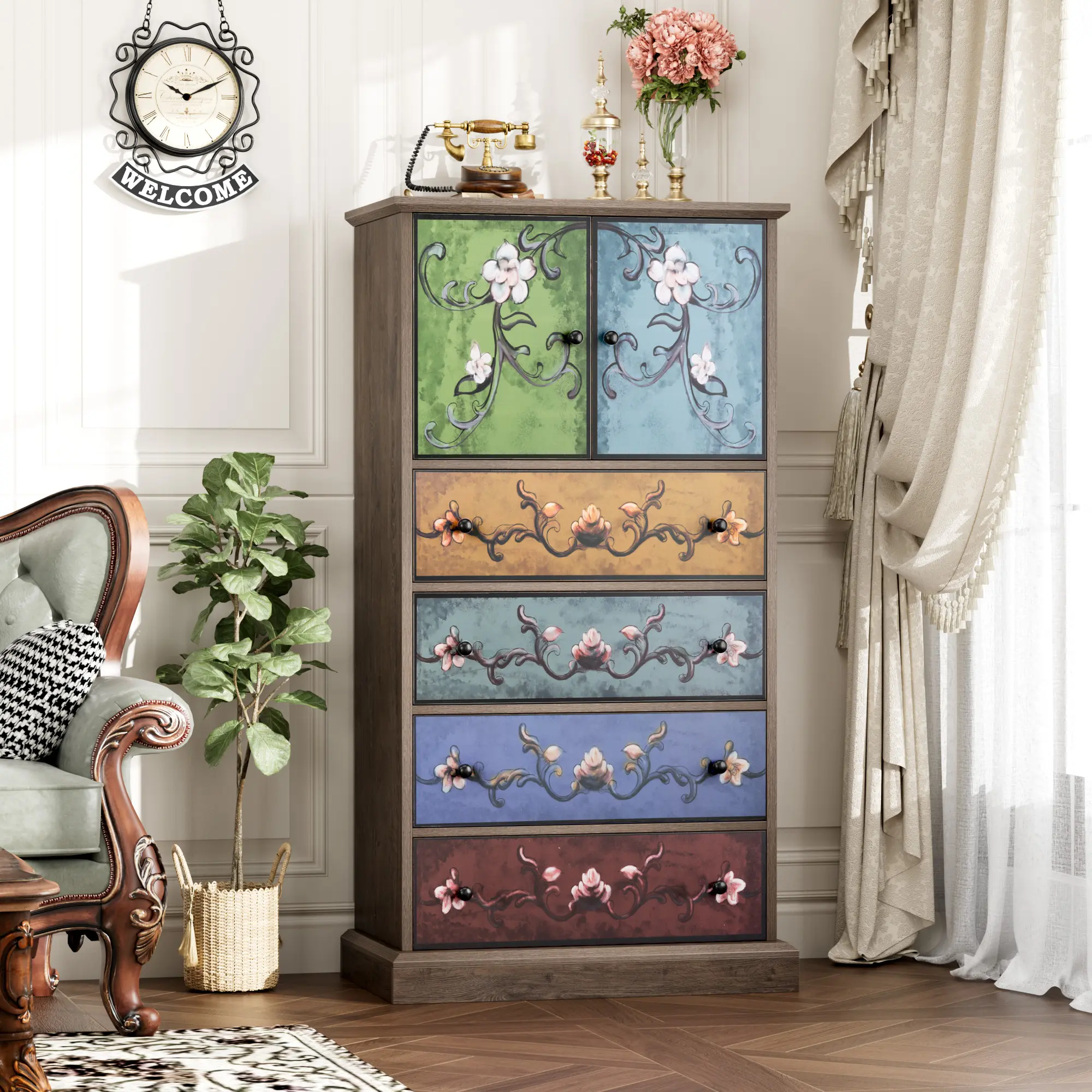 FOTOSOK Tall Dresser, Boho Dresser Vintage Dressers with 4 Drawers and 2 Doors, Wood Chests of Drawers for Home, #Summervibes