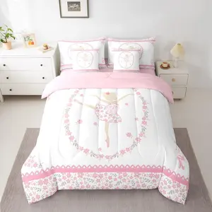 Ballet Girls Bedding Set,Botanical Floral Comforter Set,7 Pieces Ballerina Decor Bed in a Bag,Trendy Pink White Bedroom Bed Set