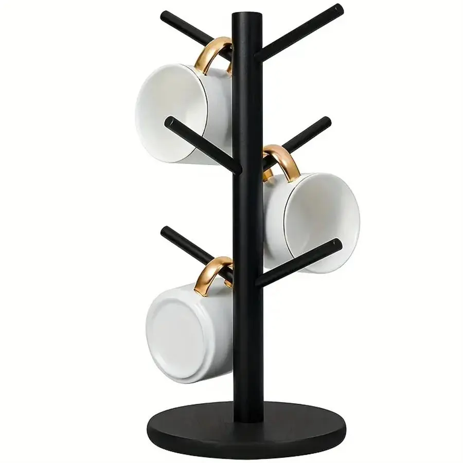 Mug Tree, 1 Pc Coffee Cup Holder with 6 Hooks, Bamboo Wood Stand for Counter, Coffee Station Organizer and Bar Storage, Kitchen Organization Rack
