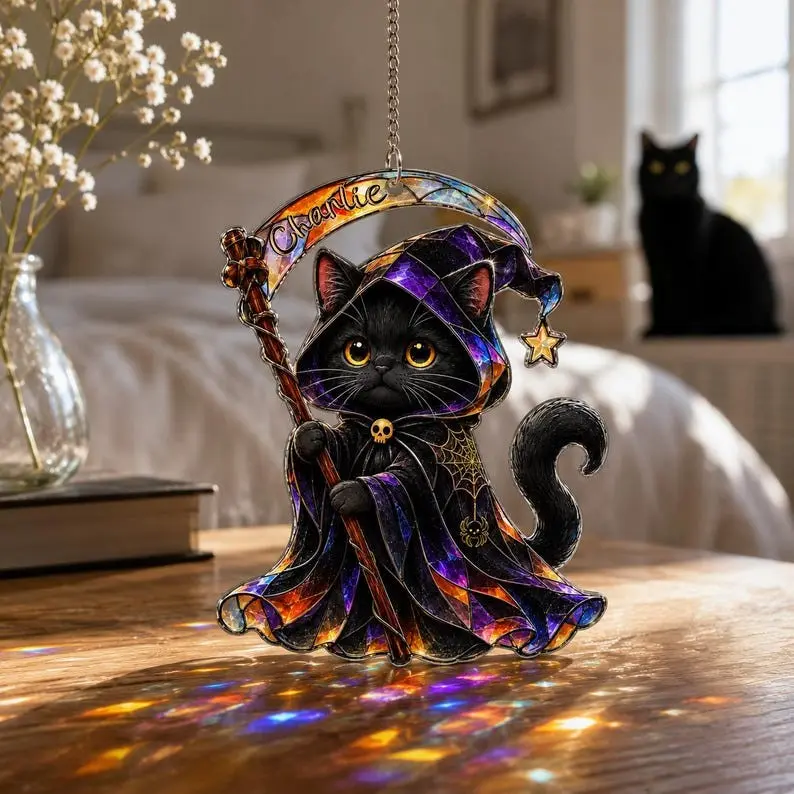 Personalized Witch Cat Suncatcher, Custom Pet Photo Halloween Decor, Stained Glass Hologram, Window Hanging Gift