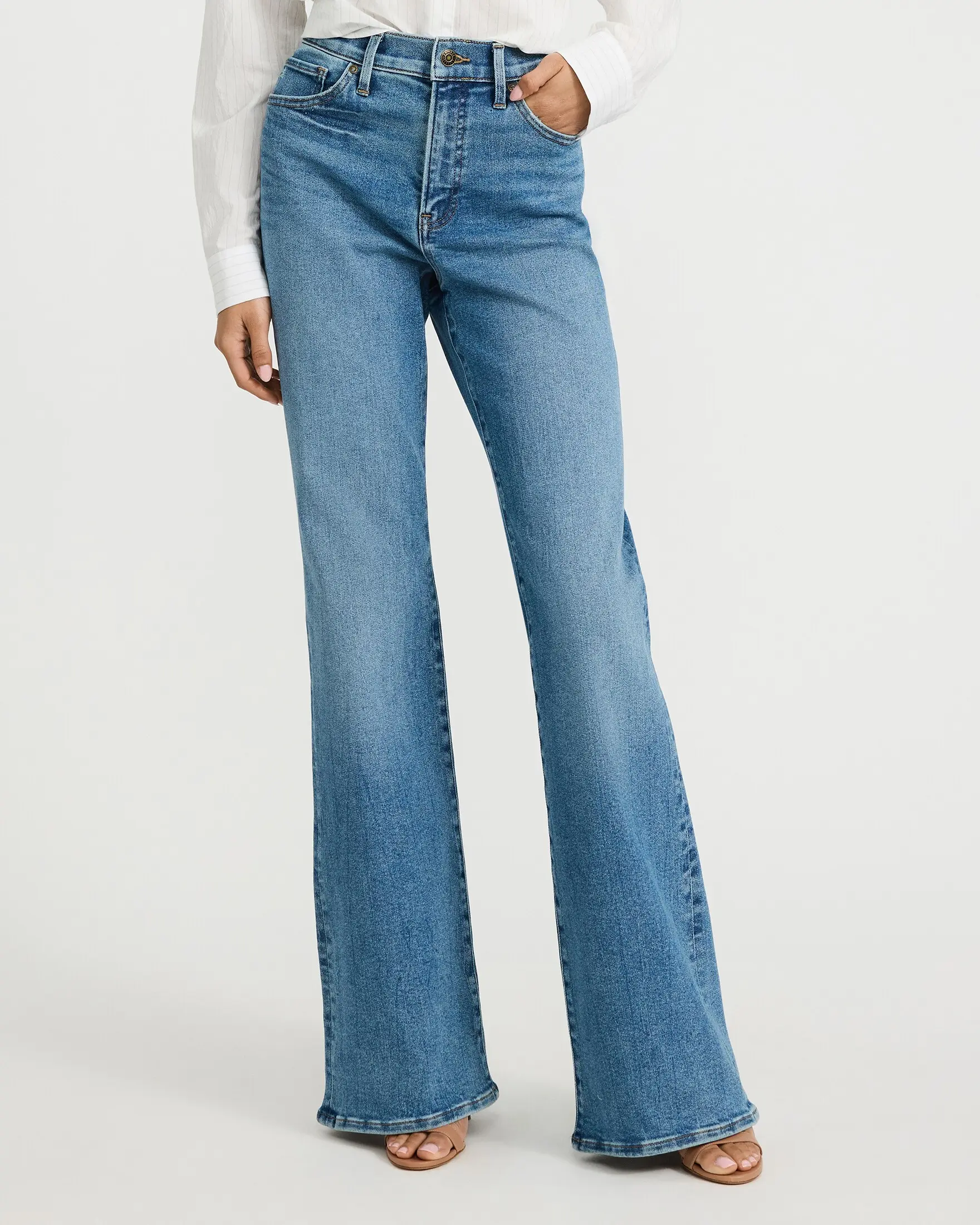 Express Women's High Waisted Flare Stretch Jeans - 70s Retro Style, Medium Wash Spandex-Rayon-Cotton Denim Bottoms with Pocket, High Stretch Compression Fit, Flare Jeans, Form-Fitting, Multiple Inseam, Short 30.5", Flattering Compression Fit, Fitted, Comf
