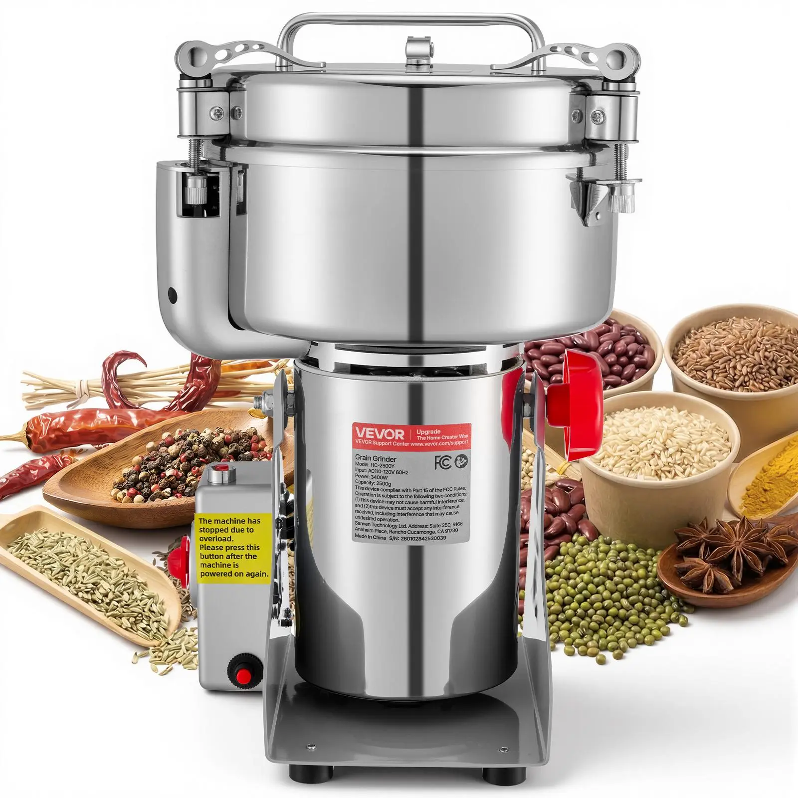 VEVOR 2500g Stainless Steel Electric Grain Mill Grinder, 3400W Motor, 32000 RPM High-Speed Pulverizer with Auto Stop Lid & Cleaning Brush, 270° Swing Type for Dried Grains, Coffee Beans, Nuts, Dry Grinding