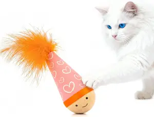 PawWood's world Wooden Interactive Cat Toy with Catnip - Niuniu Tumbler Wobble Toy for Indoor Cats, Self-Righting Chaser with Orange Feather