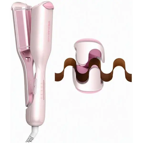SHEGLAM 0.75 inch Pink Beach Wave Hair Waver - Lightweight Dual Voltage Women's Crimper with Smart Timer, Double Barrel, Adjustable Temps, Anti-Scald, Safe Styling for Short Hair, Gift Box Included