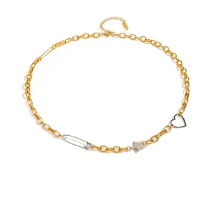 Two Tone Heart Star Safety Pin Chain Necklace - Stainless Steel