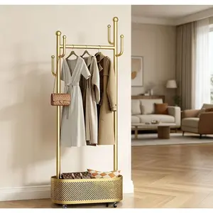 The gold coat and hat rack with basket features a multifunctional design and can rotate 360 degrees °   Stable rotation, suitable for placement in rooms, living rooms, and hallways